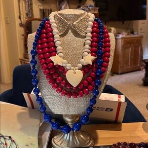 Patriotic Red White and Blue Beaded Statement Necklace Set